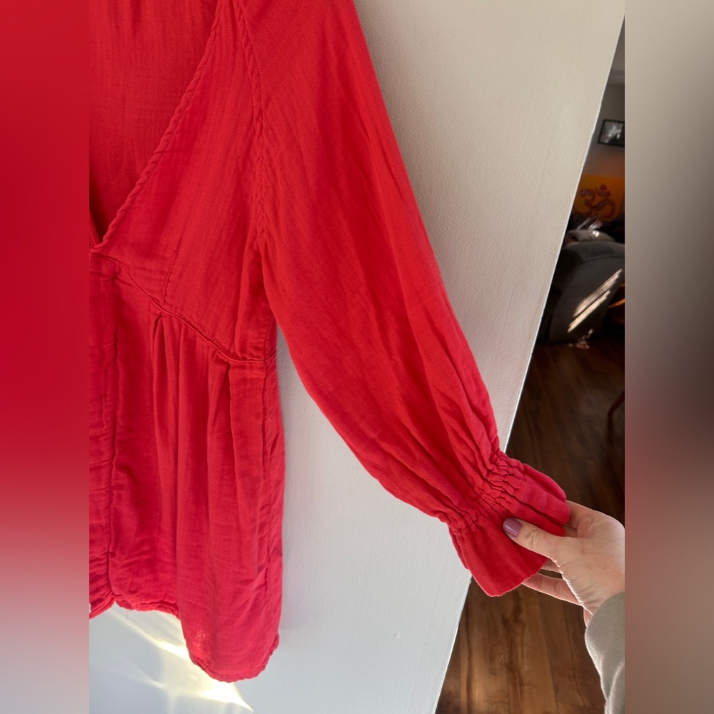 FREE PEOPLE CP SHADES Babydoll Double Cloth V-Neck Boho Tunic Mini Dress Red XS - Picture 7 of 12
